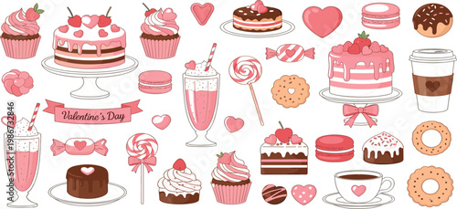 Valentines Day Sweet Desserts Collection with Cakes Cupcakes Cookies Candy Hearts and Drinks Romantic Bakery Vector Illustration Set for Holiday Celebration