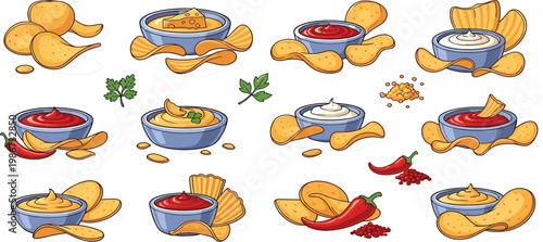 Potato Chips with Dips Collection Including Cheese Sauce Ketchup Mayonnaise and Spicy Snacks Food Illustration Set for Menu and Packaging Design
