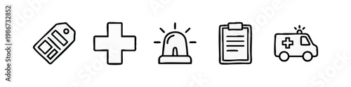 Line Art Medical Emergency Icons: Price Tag, Medical Cross, Siren, Report, and Ambulance - Outline Style