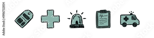 Colored Doodle Medical Emergency Icons: Price Tag, Medical Cross, Siren, Report, and Ambulance - Scribbled Style