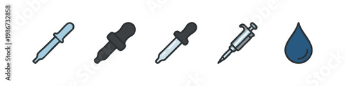 Colored Doodle Laboratory and Medical Icons: Droppers, Syringe, and Blood Drop - Outline Style Illustration