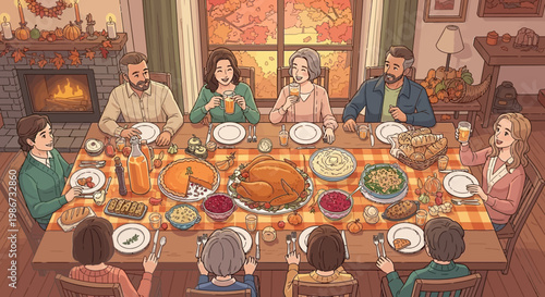 Family gathered around a Thanksgiving dinner table enjoying a festive meal.