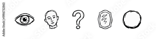 Abstract Identity and Question Icons: Eye, Head, Question Mark, Shield, and Circle - Scribbled Style