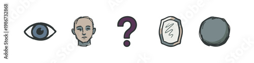 Colored Doodle Abstract Identity and Question Icons: Eye, Head, Question Mark, Shield, and Circle - Outline Style