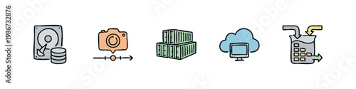 Doodle Data Management Icons: Hard Drive, Camera, Containers, Cloud Computer, and Data Flow Illustration