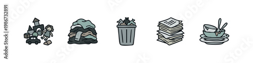 Doodle Messy Home Icons: Toys, Laundry Pile, Trash Can, Stack of Papers, and Dirty Dishes Illustration