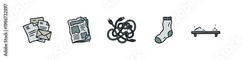 Doodle Household Clutter Icons: Papers, Crumpled Newspaper, Tangled Cables, Sock, and Bathtub Illustration