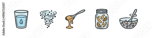 Set of 5 simple, hand-drawn icons: water drop, tornado, honey, jar with fruit, and cereal bowl.