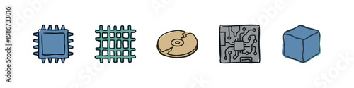 Five hand-drawn icons for computer components: CPU, grid, CD, circuit board, and cube.