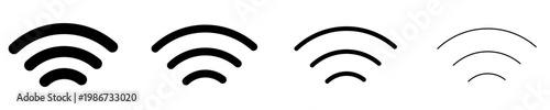Set of linear Wi-Fi signal icons with different stroke weights. Minimalist symbols of wireless internet, communication, network, and technology. Vector illustration.