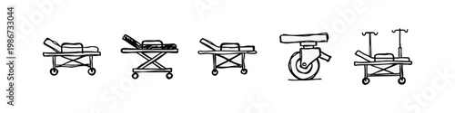 Collection of five hand-drawn icons depicting medical stretchers and patient transport.