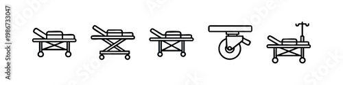 Five hand-drawn icons of medical stretchers, showcasing different designs and a medical stand.