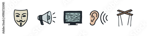 Five hand-drawn icons illustrating concepts of anonymity, communication, and media.