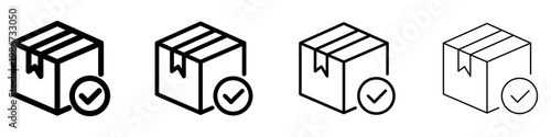 Set of linear icons of a received parcel with a confirmation check mark. Minimalist symbols of successful delivery, product receipt, and completed order. Vector illustration.