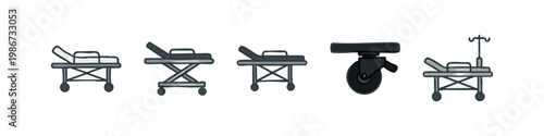 Set of five hand-drawn icons representing medical stretchers and patient care.