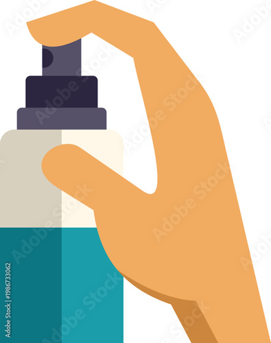Hand holding and using a spray bottle with blue liquid for hygiene and protection