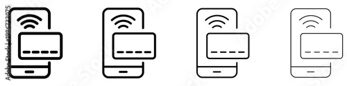 Set of linear icons for contactless payment using a smartphone and a bank card with different stroke weights. Minimalist symbols of mobile payments, digital banking, and modern fintech. Vector illustr