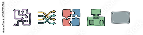 Collection of five hand-drawn icons for computer components and connections.