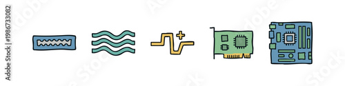 Five hand-drawn icons related to technology and electronics: wave, signal, circuit board, graphics card.
