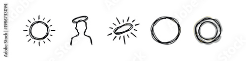 Set of five hand-drawn icons: sun, halo, ring, circle, abstract circles.