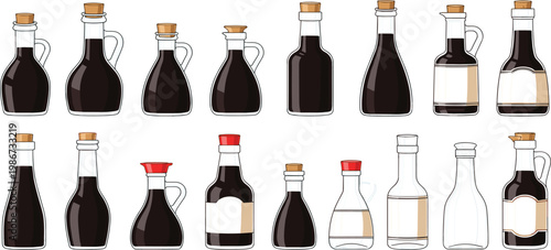 Soy Sauce Bottle Collection with Various Glass Containers and Packaging Styles Traditional Asian Condiment Design Vector Illustration Set
