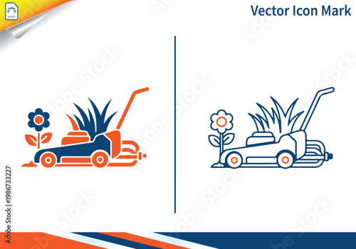 Lawn mower cutting grass in garden with flower floral icon.