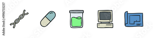 Science and Laboratory Icon Set with DNA Helix Medical Capsule and Computer
