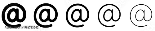 Set of linear at symbol icons with different stroke weights. Minimalist signs for email addresses and digital communications. Vector illustration.