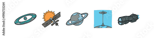 Futuristic Space Exploration Icon Set with Satellite Planet and Space Elevator