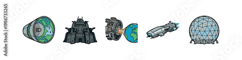 Galactic Megastructures and Spacecraft Icon Set with Fortress and Planetary Station