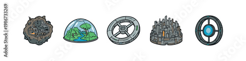 Science Fiction Space Colony and Habitat Icon Collection with Asteroid and Dome City