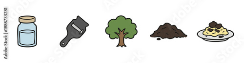 Gourmet Truffle Preparation Icon Set with Tree Soil and Finished Pasta Dish