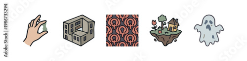 Whimsical and Mysterious Icon Set with Optical Illusion Building Floating Island and Ghost