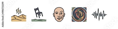 Abstract and Surreal Icon Collection with Desert Dunes Floating Chair and Sound Wave