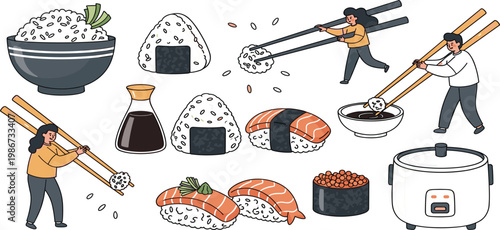 Sushi Making Process Illustration with Rice Cooking Chopsticks Preparation Nigiri and Onigiri Japanese Food Cooking Concept Vector Illustration Set