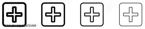 Set of linear plus sign in a square icons with different stroke weights. Minimalist symbols for adding, creating a new object, and positive value. Vector illustration.