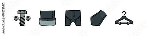 Garment construction and laundry icons hand drawn doodle set