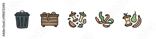 Organic waste and composting hand drawn icon set