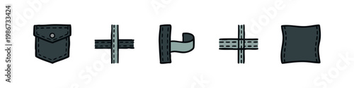Clothing and Textile Sewing Icons with Denim Pocket and Stitching