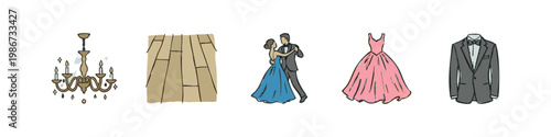 Formal Event and Ballroom Dancing Icons with Chandelier and Tuxedo
