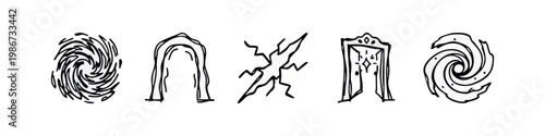 Fantasy magic portal and dimensional rift sketch icon set