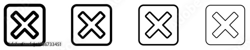 Set of linear cross mark in a square icons with different stroke weights. Minimalist symbols for delete, cancel, and close. Vector illustration.