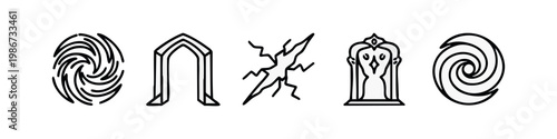 Magic portal and dimensional gateway linear icon set
