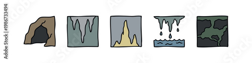 Cave features and underground geology hand drawn icons