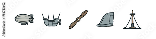 Aviation and Transportation Icons: Blimp, Basket, Propeller, Wing, Tripod