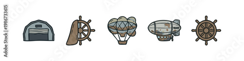 Steampunk and Transportation Icons: Hangar, Helm, Hot Air Balloon, Blimp, Ship Wheel