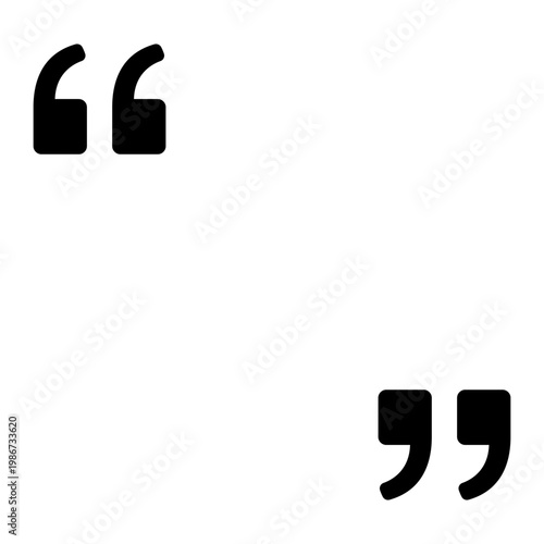 Graphic quotation marks icon with black fill. Minimalist symbol for visual highlighting of direct speech, testimonials, and text fragments. Vector illustration.