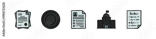 Government and Legal Icons: Documents, Seal, Resume, Capitol Building, Notes