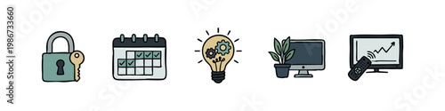 Collection of 5 hand-drawn icons for security, planning, and business.