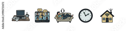 Set of 5 hand-drawn icons for remote work and home office.